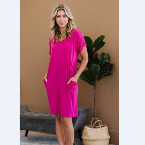 Natural Beauty Full Size Run T-Shirt Dress with Pockets in Magenta - Picture 2 of 13